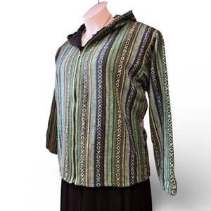 Kathmandu Imports Striped Green Fleece Lined Zip Front Unisex Hooded Jacket NWT